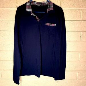 Women's Navy Long Sleeve Top with Plaid Accents